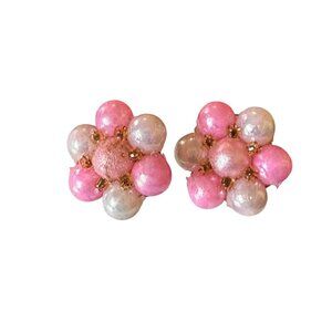Vintage Pink Faux Pearl Cluster Clip-On Earrings By Japan Signed READ